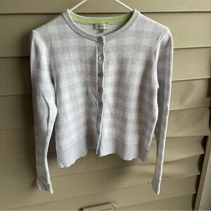 Kinross Womens Sweater Plaid Cardigan Cotton Neutral Grey White Carrier Academia